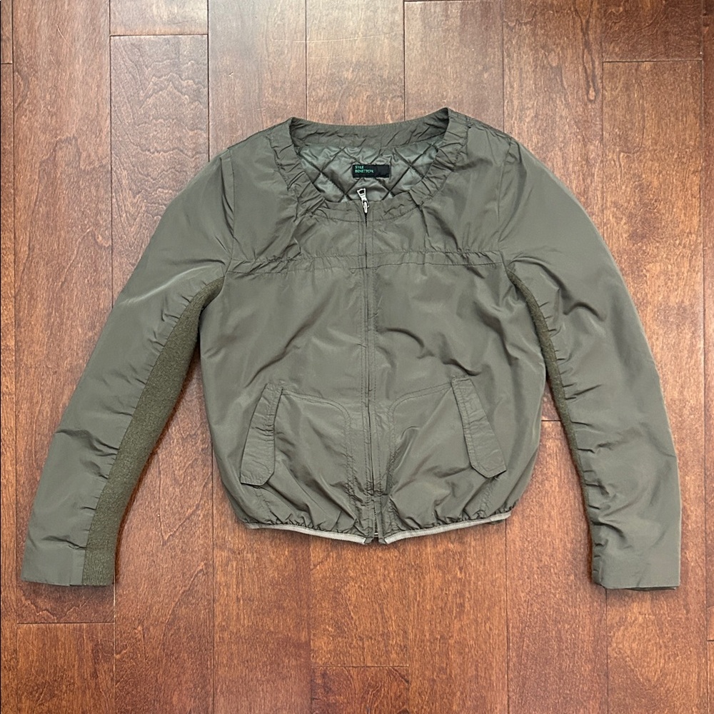 United Colors Of Benetton Olive Green Collarless Cropped Bomber Jacket, Size Sm